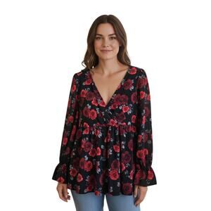 TORRID 2 Women Plus 18 20 Babydoll Tunic Blouse Red Black Rose Floral Chiffon 44